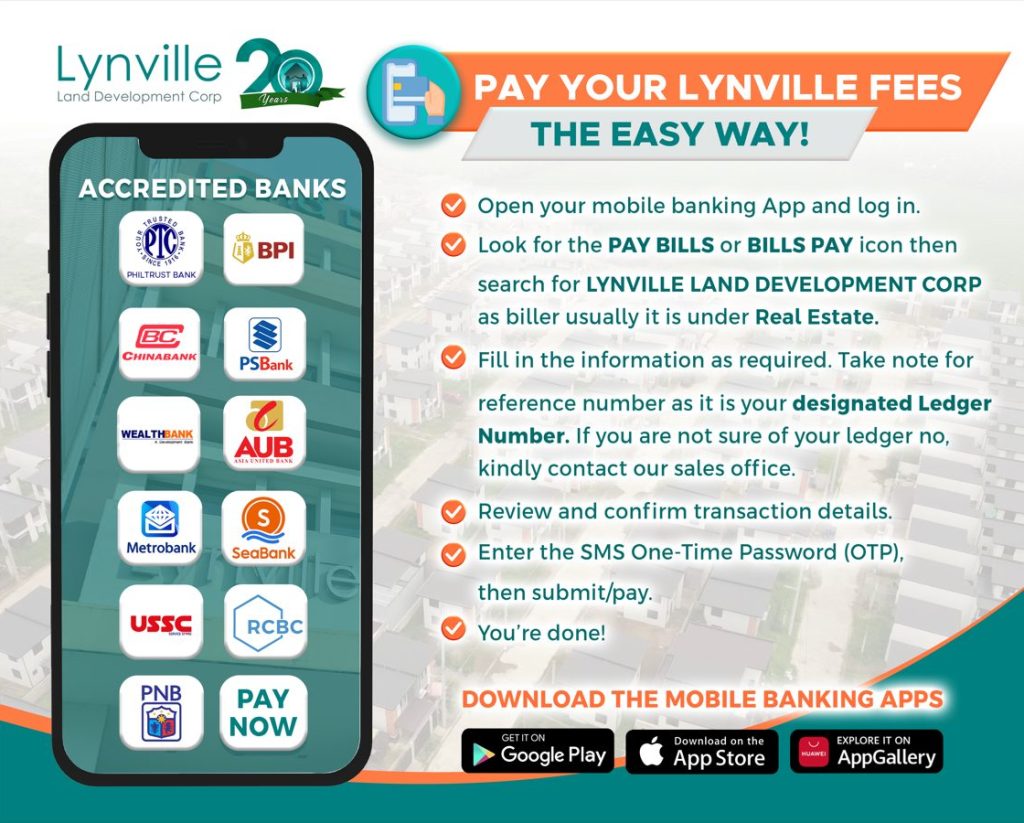 An informational graphic explains how Lynville residents can easily pay their fees using mobile banking apps. A smartphone on the left showcases logos of accredited banks, while the right side lists simple steps for online bill payment to Lynville Land Development Corp.