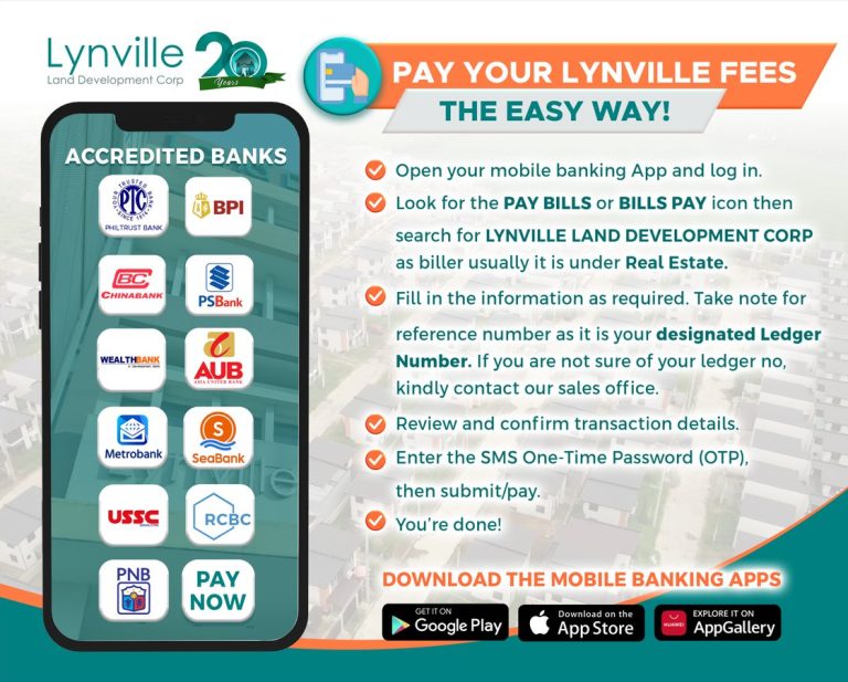 An informational graphic explains how Lynville residents can easily pay their fees using mobile banking apps. A smartphone on the left showcases logos of accredited banks, while the right side lists simple steps for online bill payment to Lynville Land Development Corp.